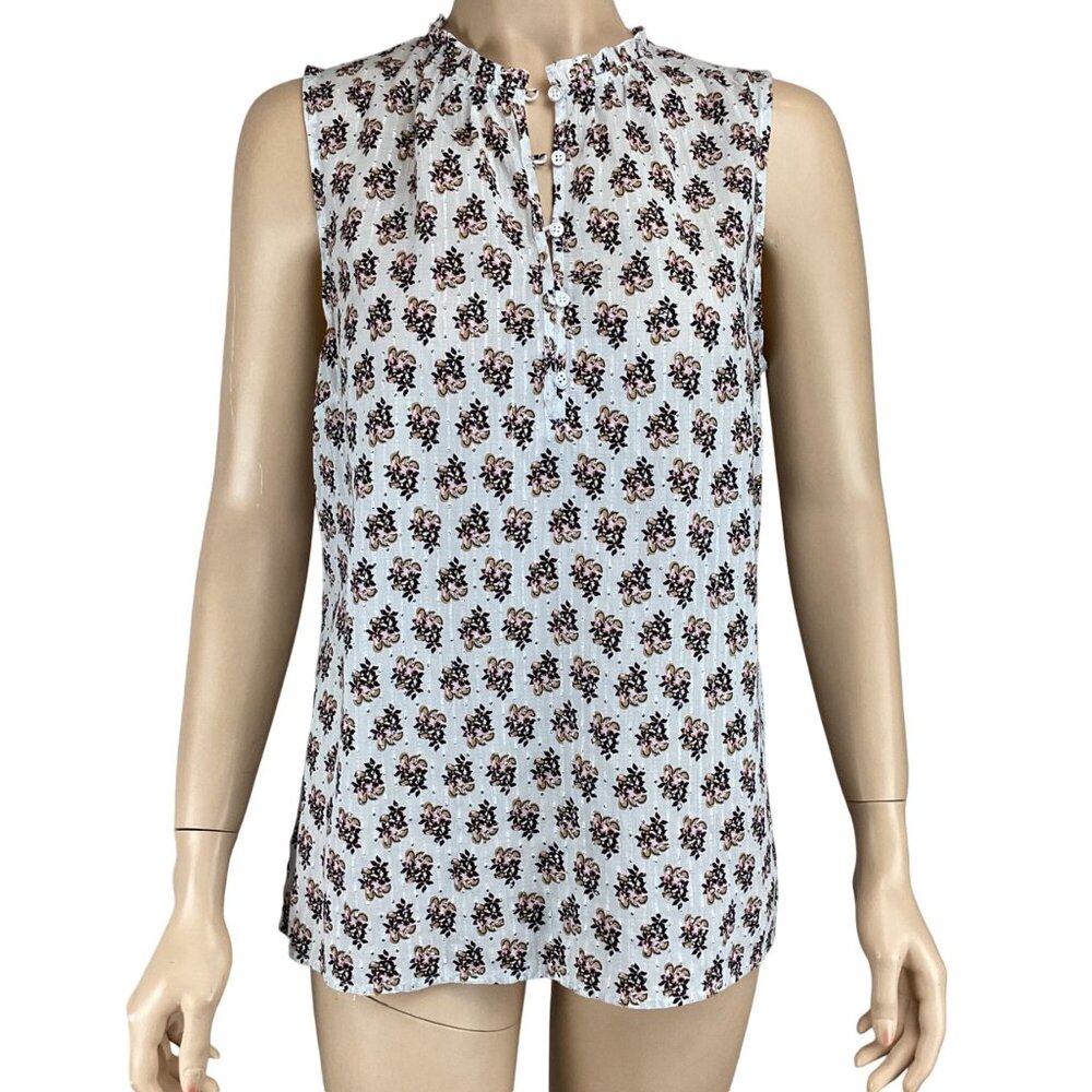 Talbots Top Size Small Sleeveless Floral Metallic Ruffle Neck Button‎ Down